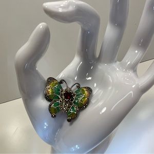 Vintage Sterling Silver Enamel Butterfly Garnet Marcasite Brooch Pin Multicolor